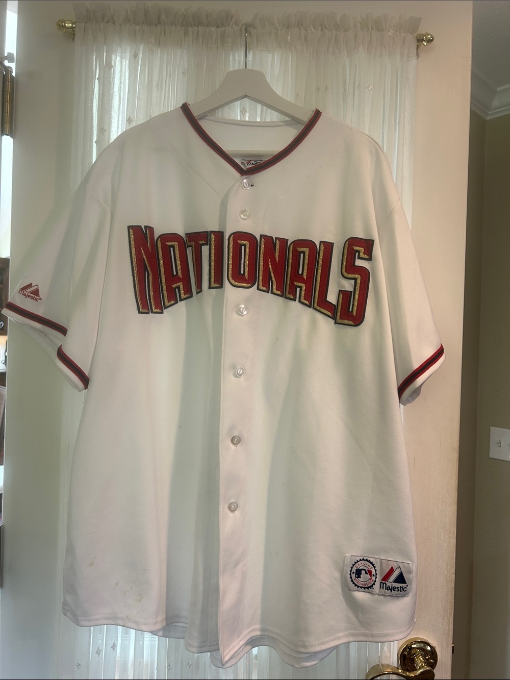Majestic White Nationals Baseball Jersey with Red and Navy Trim
